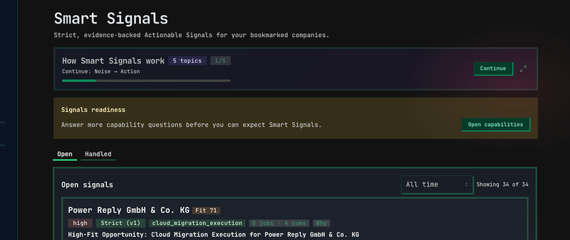Queast Smart Signals feed showing readiness context and open evidence-backed recommendations