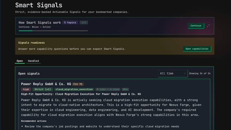 Dark Queast Smart Signals view showing a capability-readiness prompt, strict contract label, evidence cues, and a reviewable recommendation