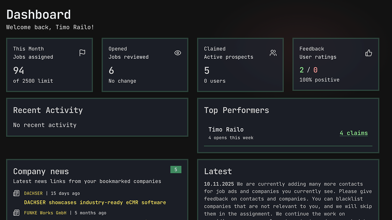 Queast dashboard showing account activity and company news