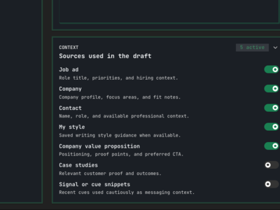 Dark Queast message composer source controls showing job ad, company, contact, saved writing style, company value proposition, case studies, and Signal or cue snippets as separately selectable inputs