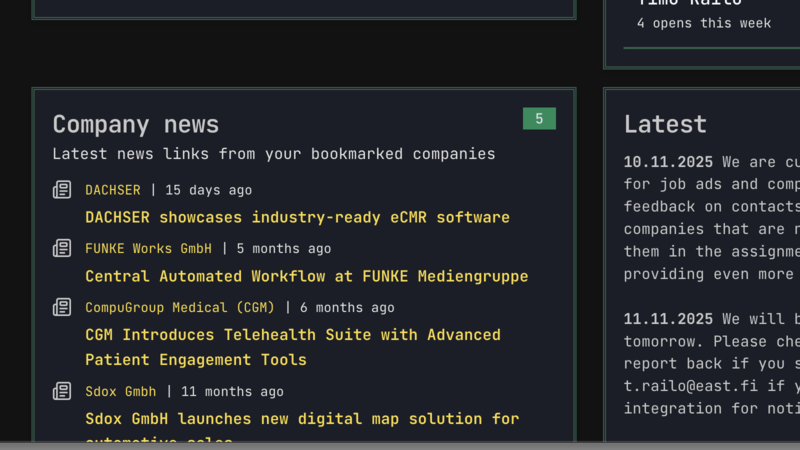 Dark Queast dashboard showing company names, news headlines, and relative publication dates in a company-news panel