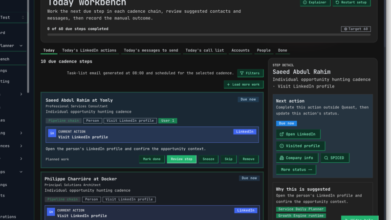Queast Workbench detail with access to SPICED account preparation