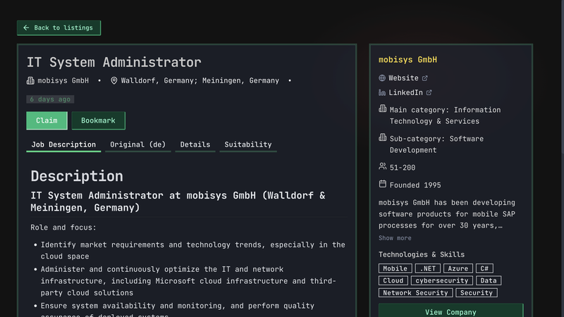 Dark Queast job-detail view showing a role description beside the company and its visible technology and skill labels