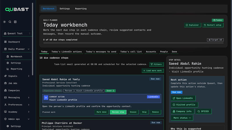 Queast Today Workbench with prioritized due steps and next-action context
