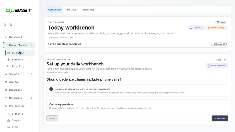 Queast Daily Workbench in light mode, showing daily-planner setup and the choice to include phone-call steps.