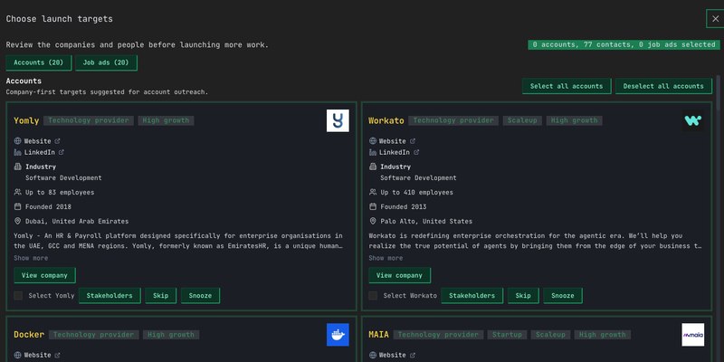 Dark Queast target-review view showing account and job-ad tabs, company cards, stakeholder links, selection controls, skip and snooze actions before work is launched