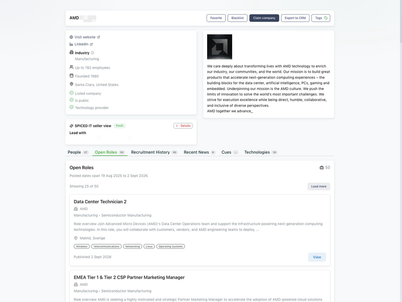 Company profile above the Open Roles list, with People, Recent News and Technologies tabs.