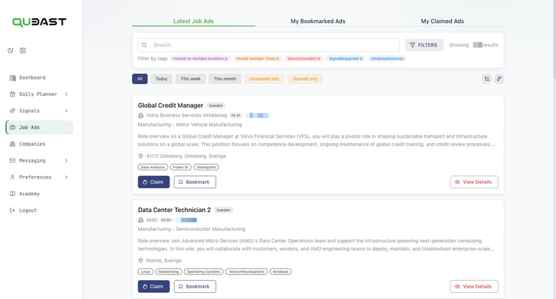 Queast Job Ads feed with search, filters, and job cards showing company details, role summaries, and technology tags.