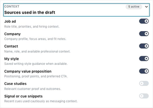 Messaging source panel with enabled switches for Job ad, Company, Contact, My style and Company value proposition.