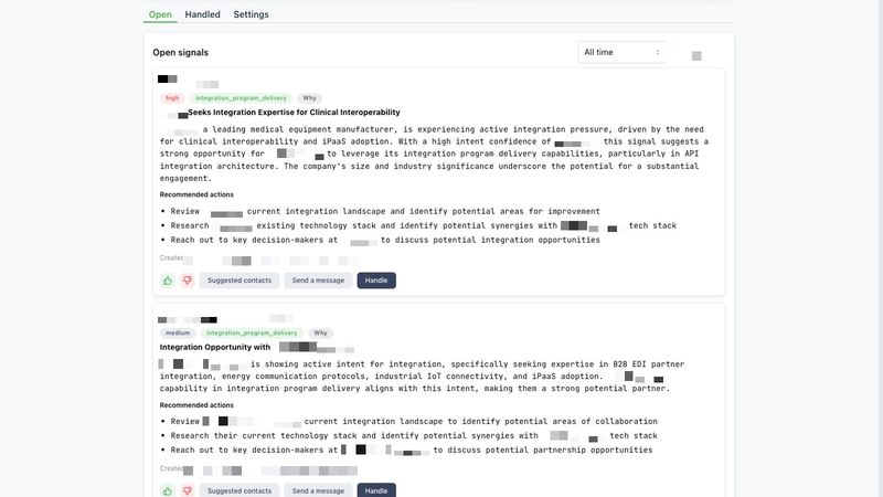 Smart Signals feed with recommendation summaries, capability labels, recommended actions, Suggested contacts and Send a message controls.